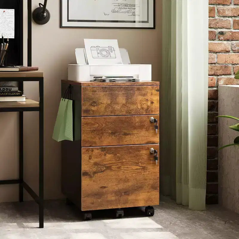 Meuble de classement roulant à 3 tiroirs avec serrure, classeur en bois sous le bureau pour bureau à domicile, adapté aux formats lettre/légal/A4