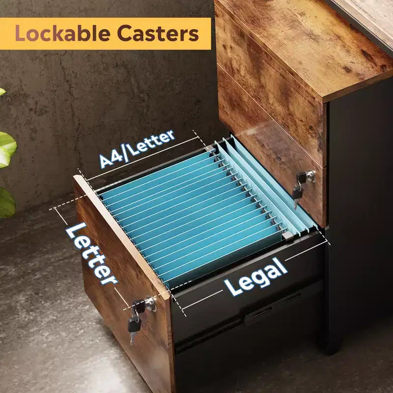 Meuble de classement roulant à 3 tiroirs avec serrure, classeur en bois sous le bureau pour bureau à domicile, adapté aux formats lettre/légal/A4