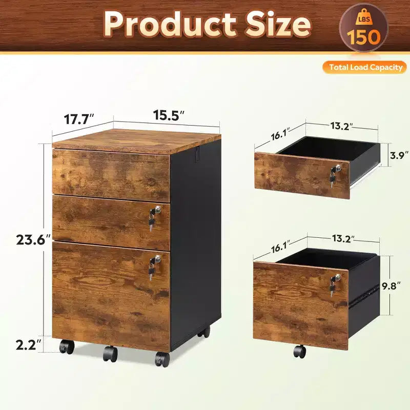 Meuble de classement roulant à 3 tiroirs avec serrure, classeur en bois sous le bureau pour bureau à domicile, adapté aux formats lettre/légal/A4
