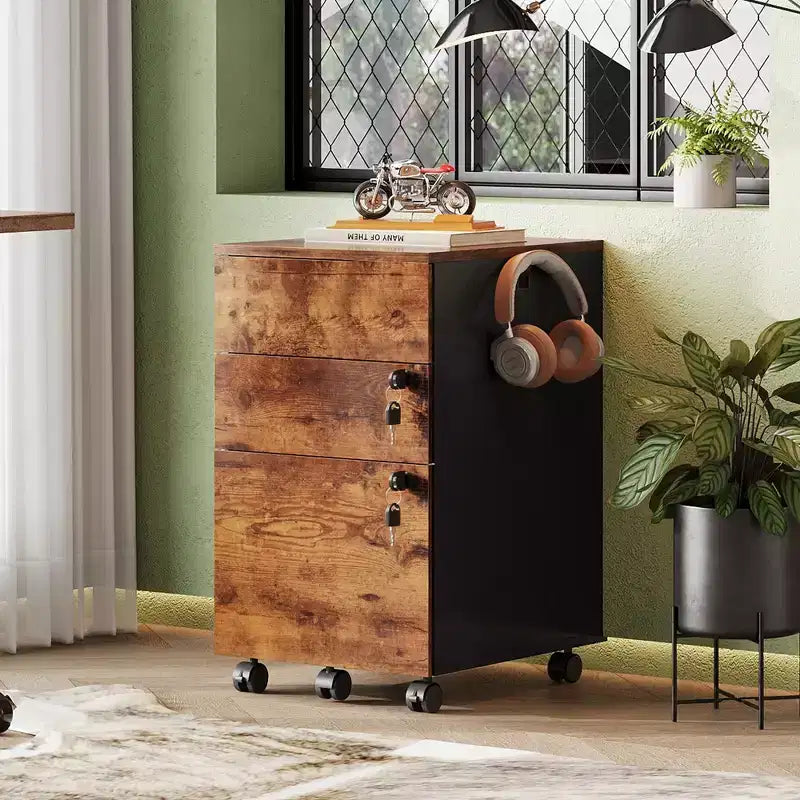 Meuble de classement roulant à 3 tiroirs avec serrure, classeur en bois sous le bureau pour bureau à domicile, adapté aux formats lettre/légal/A4