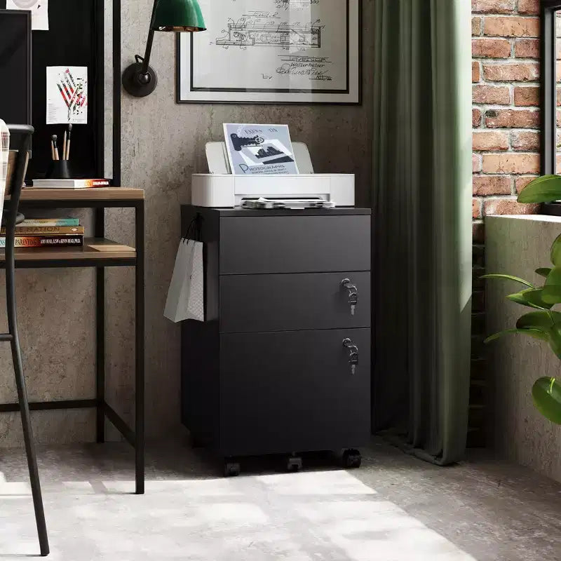 Meuble de classement roulant à 3 tiroirs avec serrure, classeur en bois sous le bureau pour bureau à domicile, adapté aux formats lettre/légal/A4