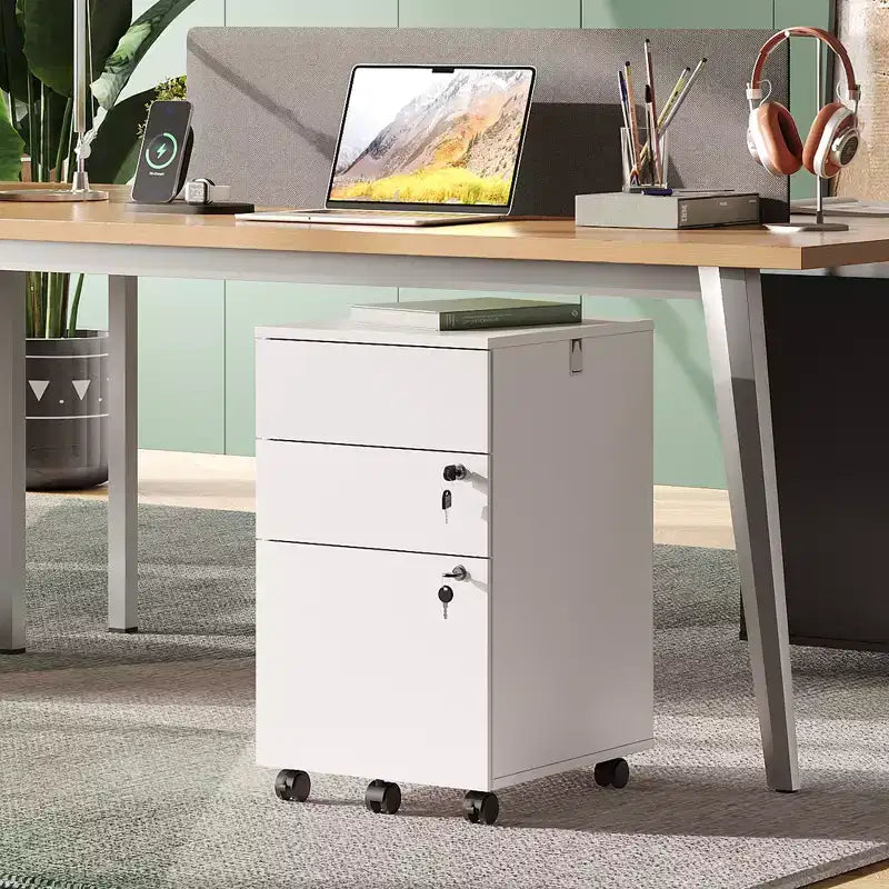 Meuble de classement roulant à 3 tiroirs avec serrure, classeur en bois sous le bureau pour bureau à domicile, adapté aux formats lettre/légal/A4