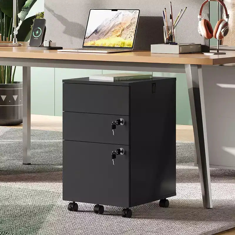 Meuble de classement roulant à 3 tiroirs avec serrure, classeur en bois sous le bureau pour bureau à domicile, adapté aux formats lettre/légal/A4