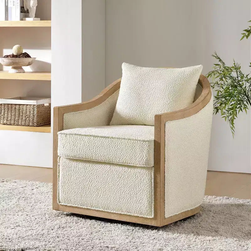 Fauteuil en rotin et bois massif style Ferme, avec bordure en bois massif, IVOIRE