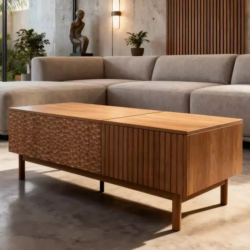 Modern Fluted Lift-Top Coffee Table with Hidden Storage & Artisan-Textured Drawers - Walnut Gaoyangjiaju