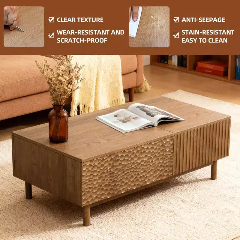 Table basse relevable cannelée moderne avec rangement dissimulé et tiroirs texturés artisanaux - Noyer Gaoyangjiaju