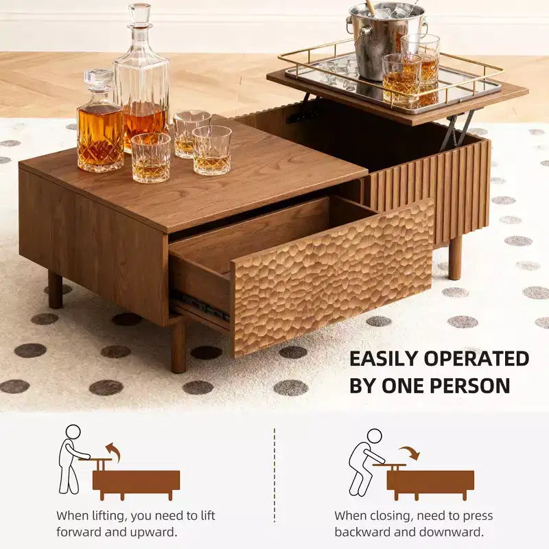Table basse relevable cannelée moderne avec rangement dissimulé et tiroirs texturés artisanaux - Noyer Gaoyangjiaju