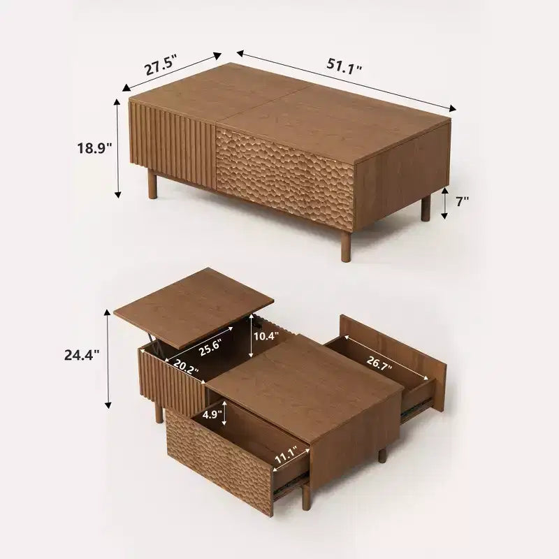 Table basse relevable cannelée moderne avec rangement dissimulé et tiroirs texturés artisanaux - Noyer Gaoyangjiaju