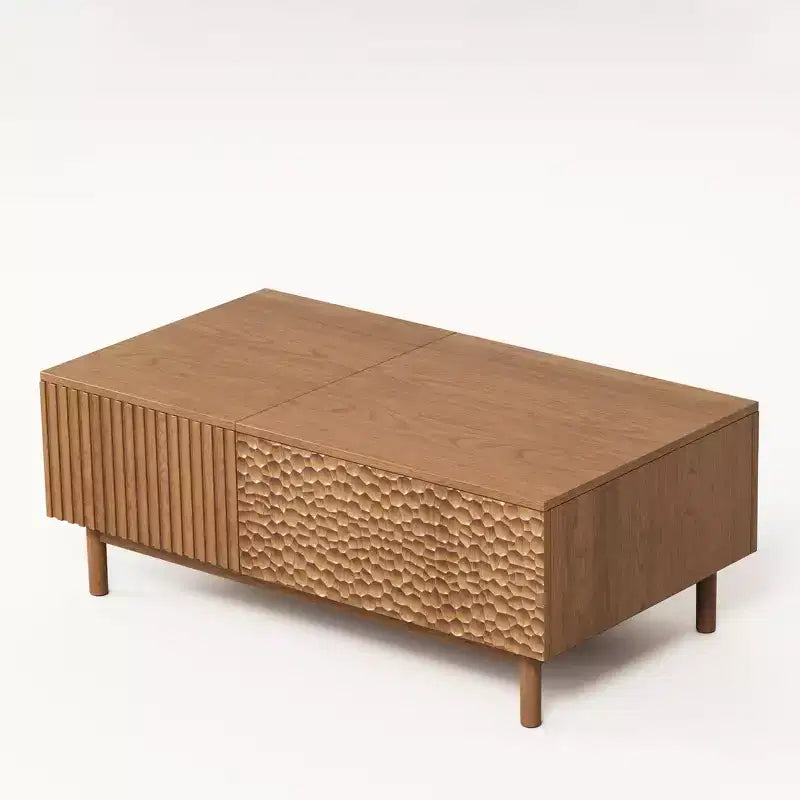 Table basse relevable cannelée moderne avec rangement dissimulé et tiroirs texturés artisanaux - Noyer Gaoyangjiaju