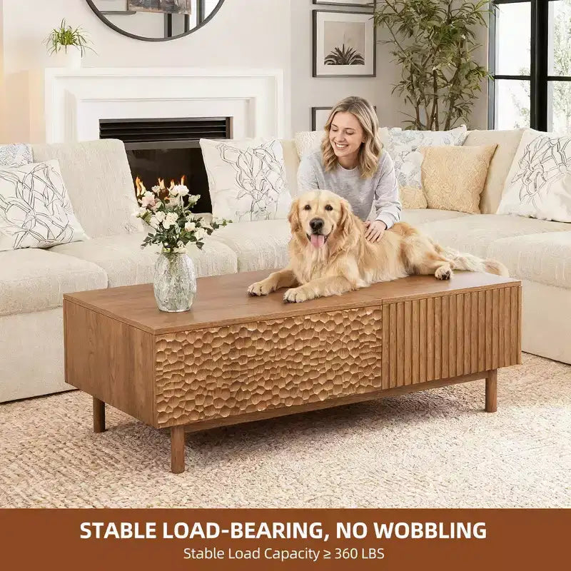 Table basse relevable cannelée moderne avec rangement dissimulé et tiroirs texturés artisanaux - Noyer Gaoyangjiaju