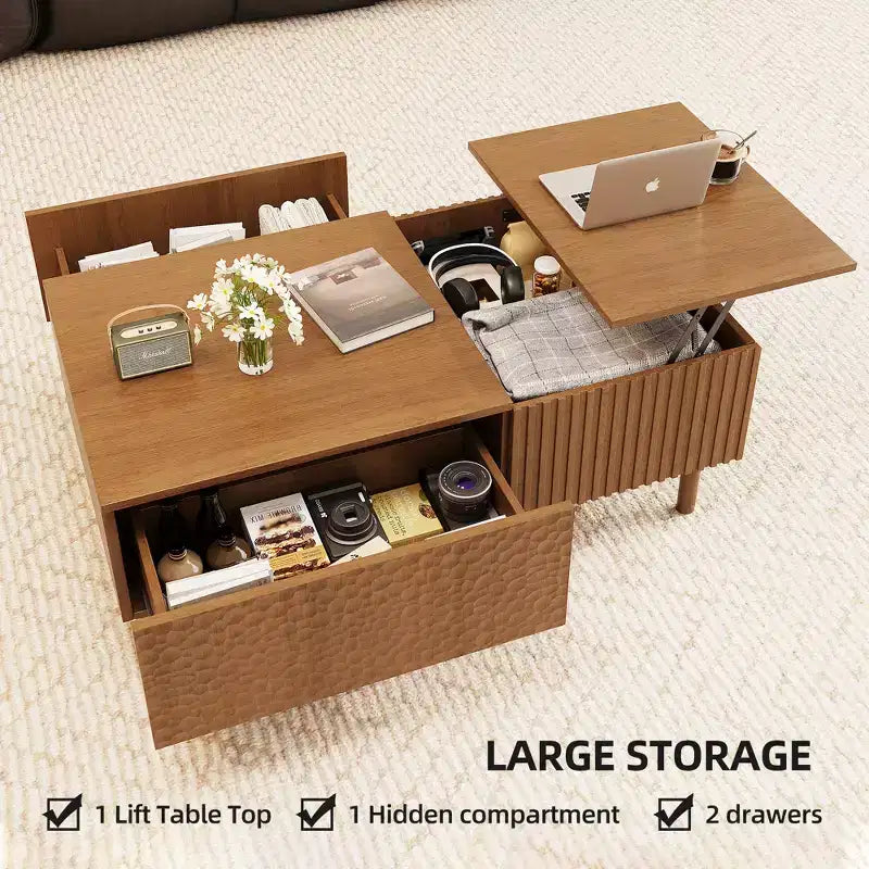 Table basse relevable cannelée moderne avec rangement dissimulé et tiroirs texturés artisanaux - Noyer Gaoyangjiaju