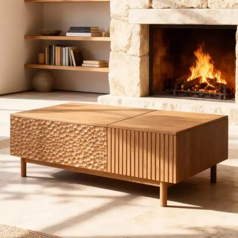 Table basse relevable cannelée moderne avec rangement dissimulé et tiroirs texturés artisanaux - Noyer Gaoyangjiaju