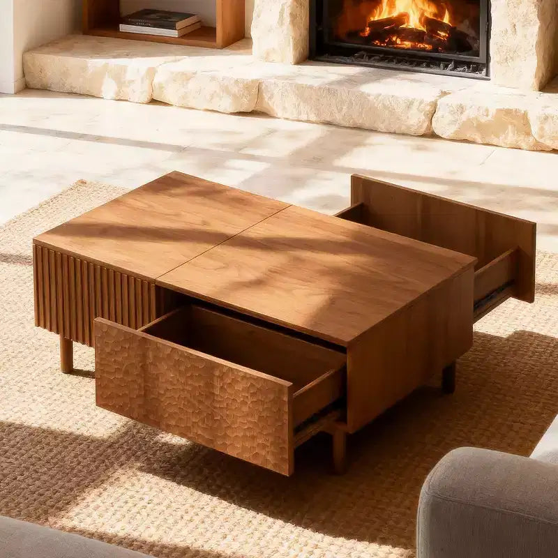 Table basse relevable cannelée moderne avec rangement dissimulé et tiroirs texturés artisanaux - Noyer Gaoyangjiaju
