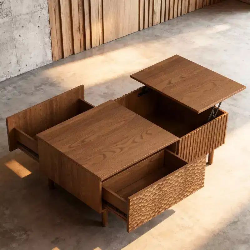 Table basse relevable cannelée moderne avec rangement dissimulé et tiroirs texturés artisanaux - Noyer Gaoyangjiaju