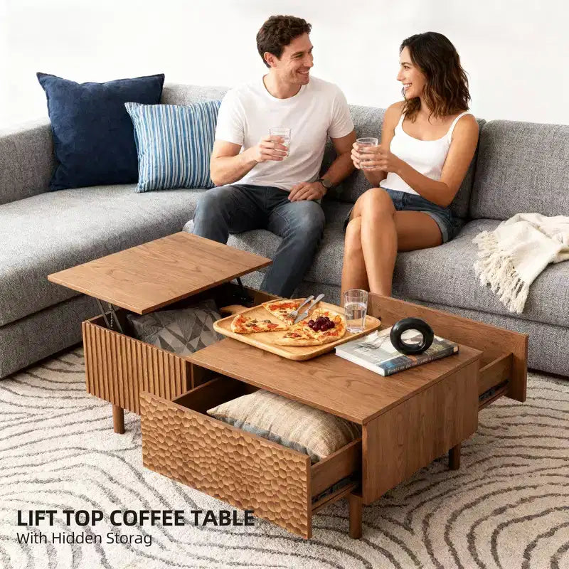 Table basse relevable cannelée moderne avec rangement dissimulé et tiroirs texturés artisanaux - Noyer Gaoyangjiaju