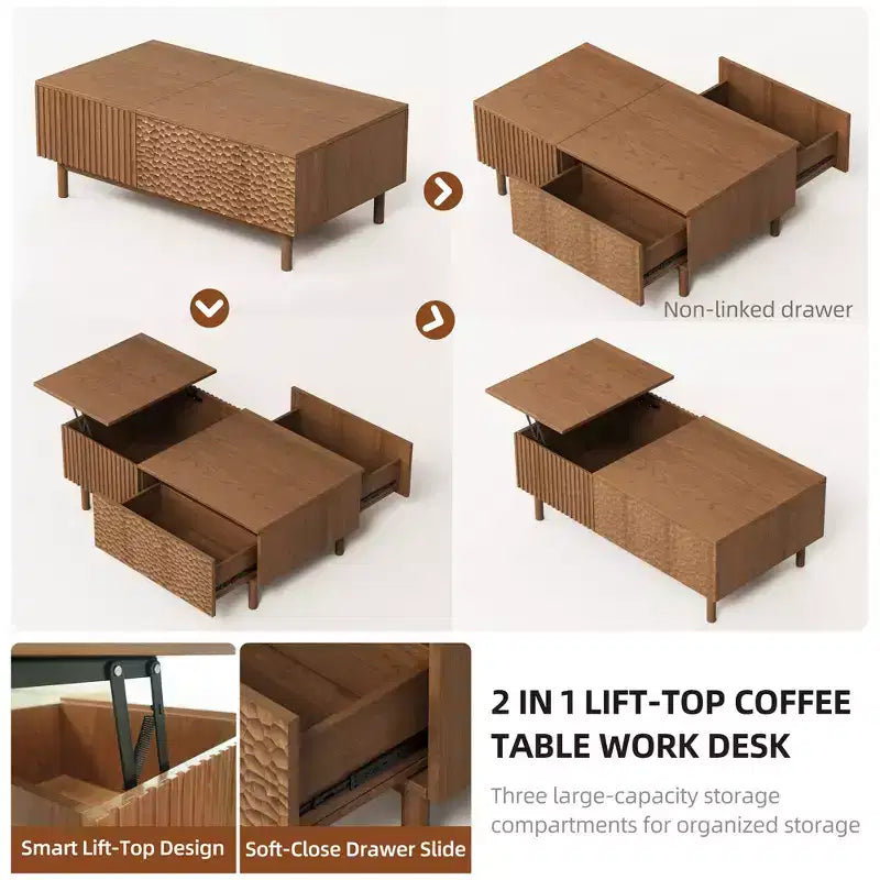 Table basse relevable cannelée moderne avec rangement dissimulé et tiroirs texturés artisanaux - Noyer Gaoyangjiaju