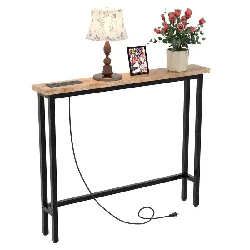 Oak-colored 1-piece Set Melamine + Iron Hallway Table with Power Strip