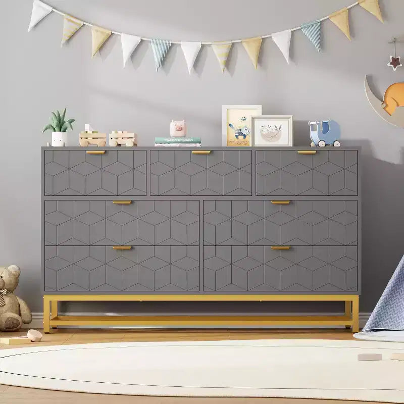 Commode à 7 tiroirs de 136 cm avec pieds en métal, organiseur de rangement moderne pour chambre à coucher, salon, entrée