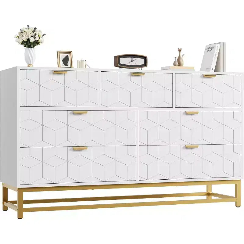 Commode à 7 tiroirs de 136 cm avec pieds en métal, organiseur de rangement moderne pour chambre à coucher, salon, entrée