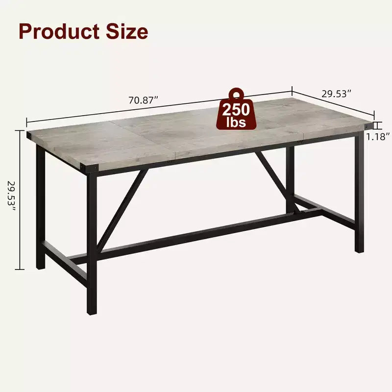 Table de salle à manger pour 6-8 personnes, table de cuisine robuste de 180 cm, table de salle à manger rectangulaire de style ferme avec pieds métalliques solides, pour grande famille, appartement, coin repas