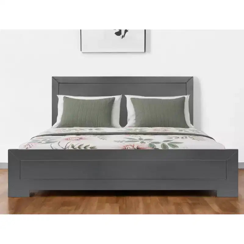Cadre de lit Queen en bois avec panneaux gris incrustés