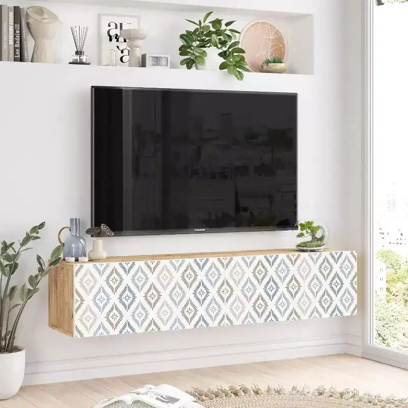 Meuble TV Console de divertissement avec étagères de rangement et portes