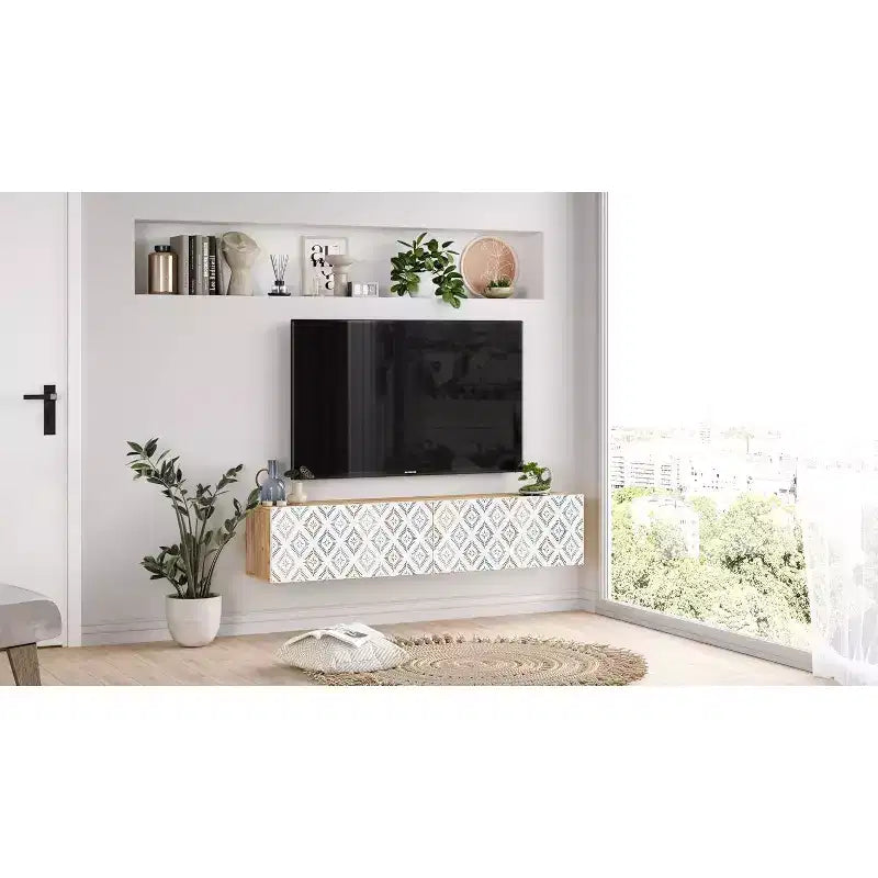 Meuble TV Console de divertissement avec étagères de rangement et portes