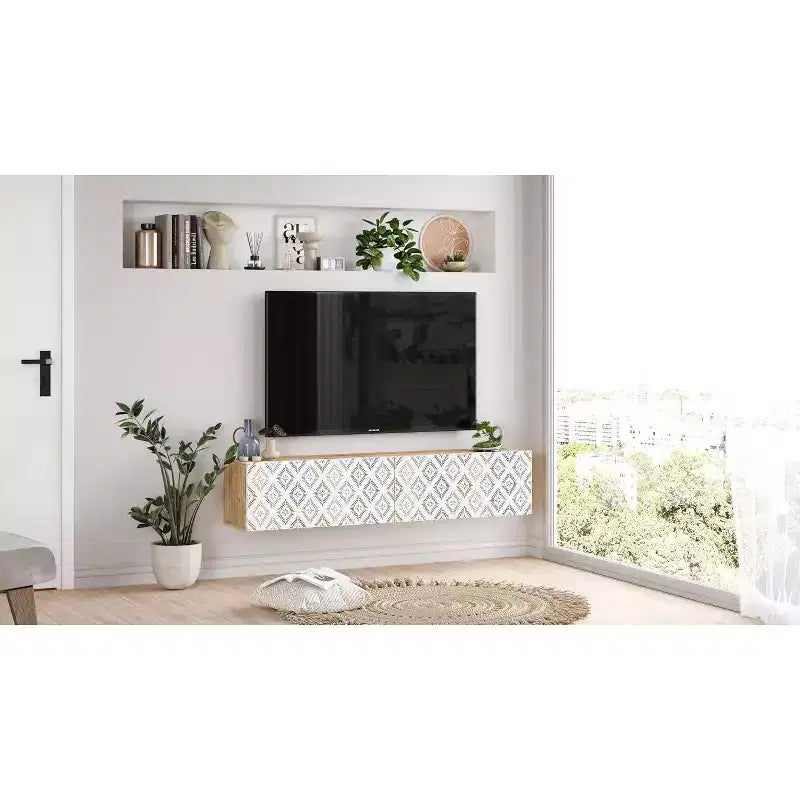 Meuble TV Console de divertissement avec étagères de rangement et portes