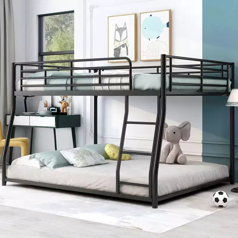 Metal Bunk Bed Twin XL over Queen Size with Ladder and High Guardrail, Heavy Duty Full Size Bunk Bed Frame for Kids Teens Adults