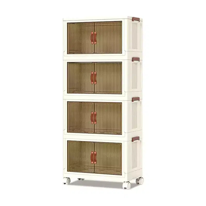 GustoWave 4 Tier Stackable Plastic Storage Bins, 4 Foldable Storage Bins with Wheels Closet Organizers and Storage Double Door for Home Bedroom