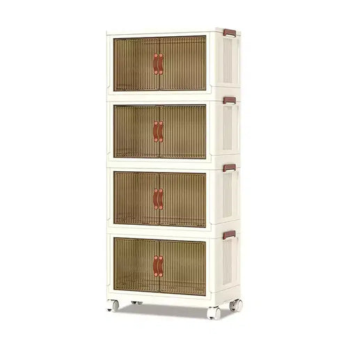 GustoWave 4 Tier Stackable Plastic Storage Bins, 4 Foldable Storage Bins with Wheels Closet Organizers and Storage Double Door for Home Bedroom