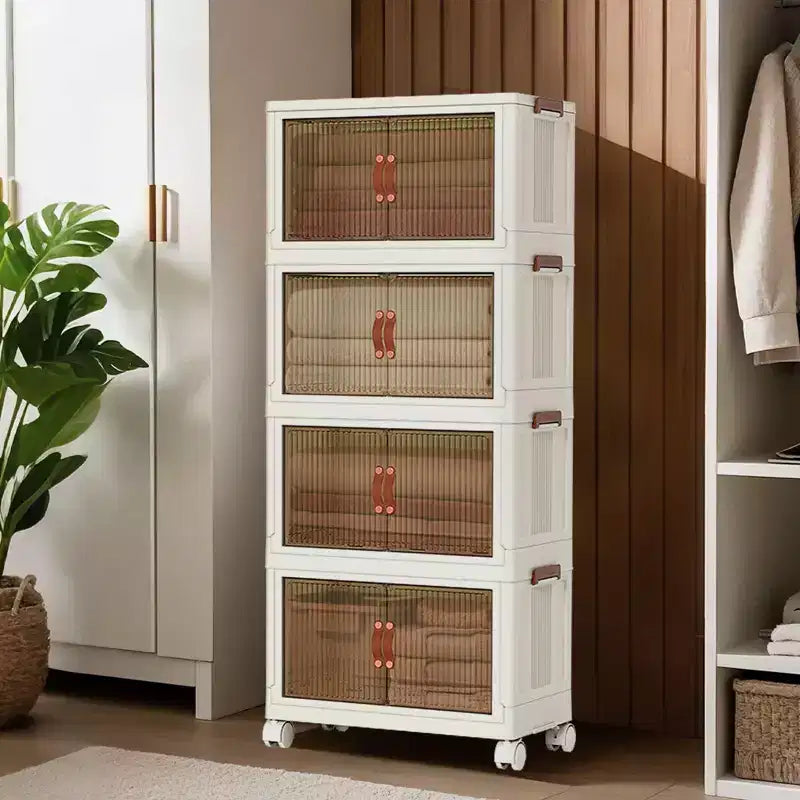 Bacs de rangement en plastique empilables à 4 niveaux, 4 bacs de rangement pliables avec roulettes, organisateurs de placard et de rangement à double porte pour chambre à coucher