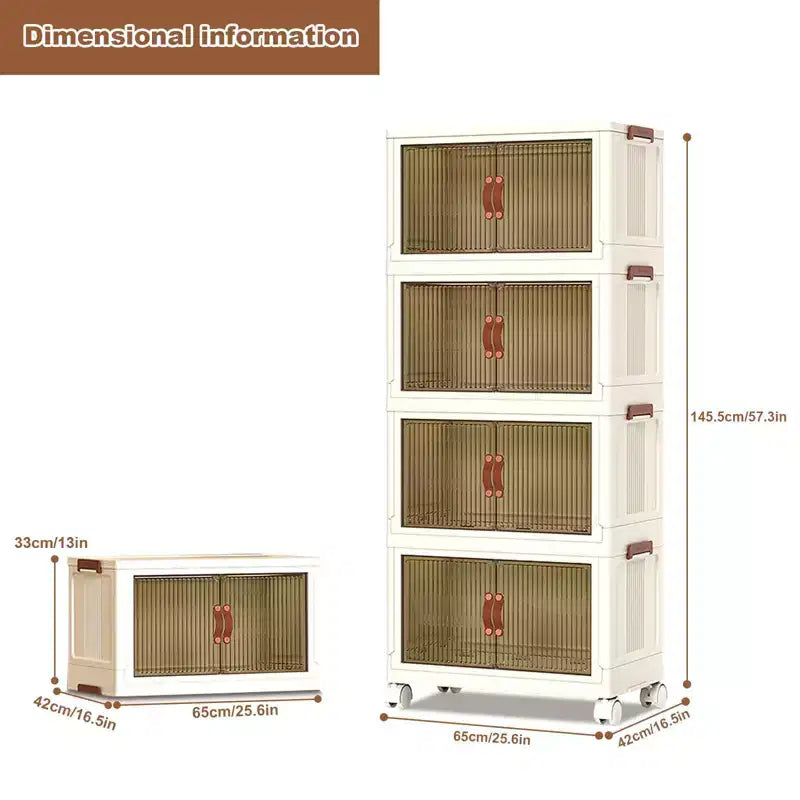 Bacs de rangement en plastique empilables à 4 niveaux, 4 bacs de rangement pliables avec roulettes, organisateurs de placard et de rangement à double porte pour chambre à coucher