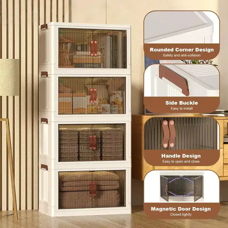 Bacs de rangement en plastique empilables à 4 niveaux, 4 bacs de rangement pliables avec roulettes, organisateurs de placard et de rangement à double porte pour chambre à coucher