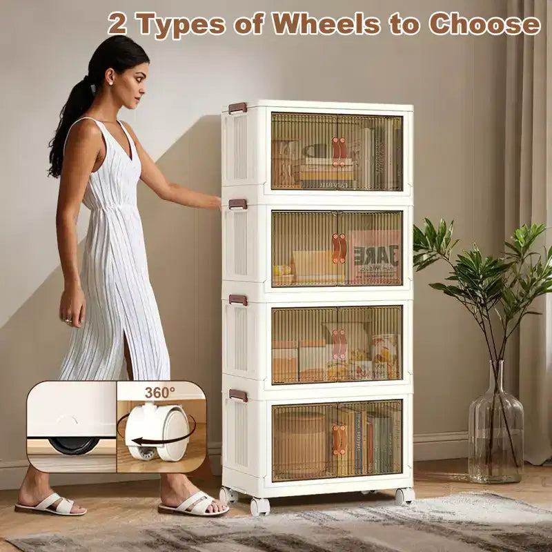 Bacs de rangement en plastique empilables à 4 niveaux, 4 bacs de rangement pliables avec roulettes, organisateurs de placard et de rangement à double porte pour chambre à coucher