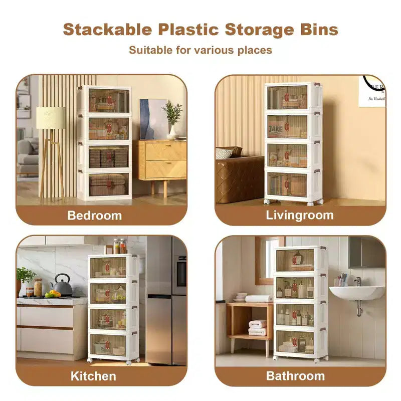 Bacs de rangement en plastique empilables à 4 niveaux, 4 bacs de rangement pliables avec roulettes, organisateurs de placard et de rangement à double porte pour chambre à coucher