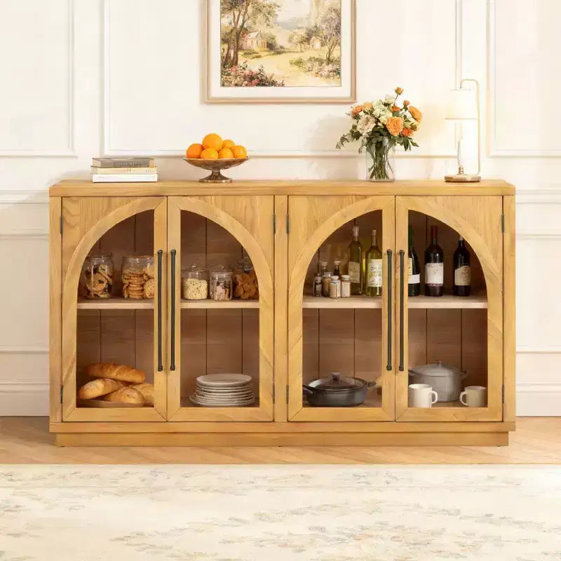 Luxystar 4-Door Sideboard Buffet Cabinet with Large Storage, Glass Doors and Adjustable Shelves for Dining and Living Room, Natural Wood
