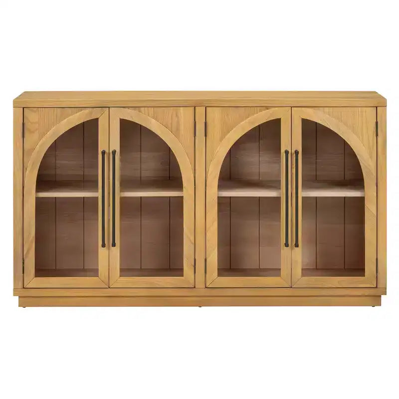 Bahut vaisselier 4 portes avec grand espace de rangement, portes vitrées et étagères réglables pour salle à manger et salon, bois naturel