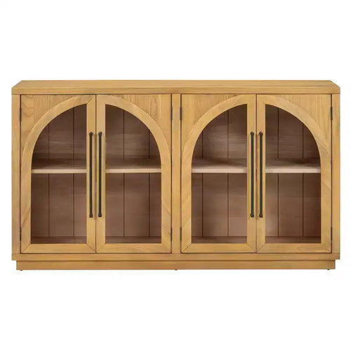 Bahut vaisselier 4 portes avec grand espace de rangement, portes vitrées et étagères réglables pour salle à manger et salon, bois naturel