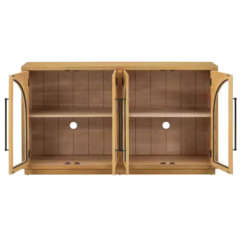 Bahut vaisselier 4 portes avec grand espace de rangement, portes vitrées et étagères réglables pour salle à manger et salon, bois naturel