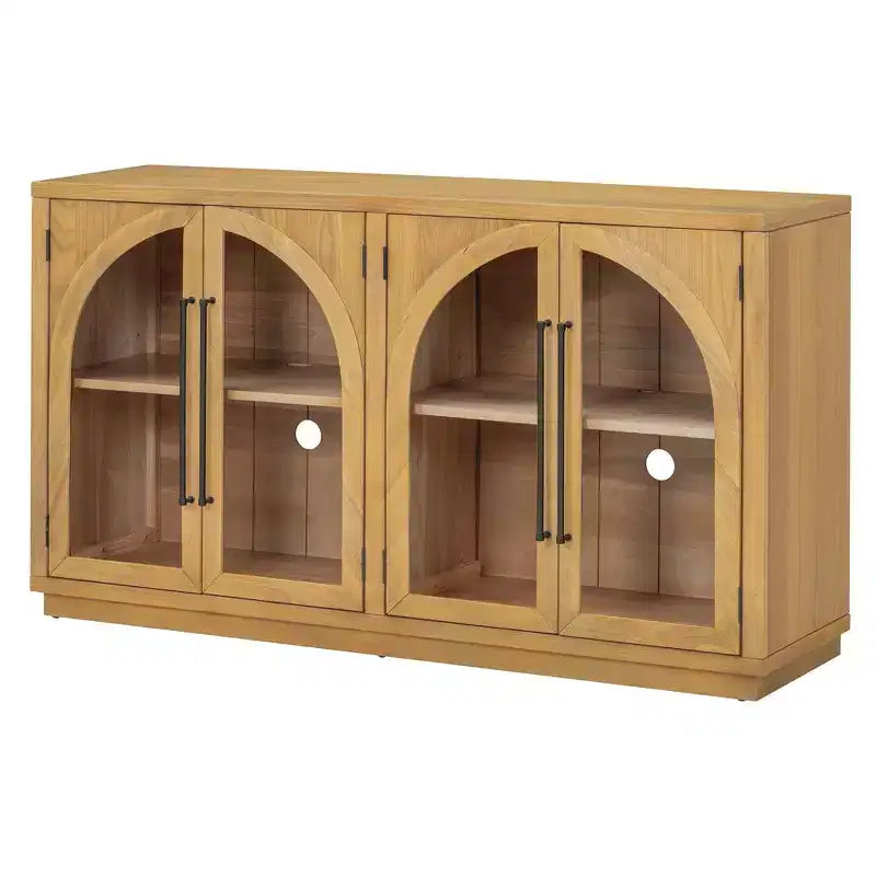 Bahut vaisselier 4 portes avec grand espace de rangement, portes vitrées et étagères réglables pour salle à manger et salon, bois naturel