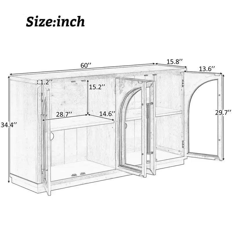 Bahut vaisselier 4 portes avec grand espace de rangement, portes vitrées et étagères réglables pour salle à manger et salon, bois naturel