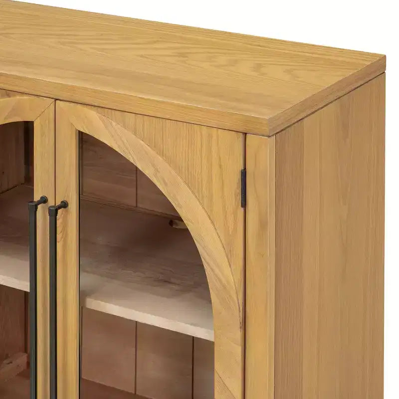 Bahut vaisselier 4 portes avec grand espace de rangement, portes vitrées et étagères réglables pour salle à manger et salon, bois naturel