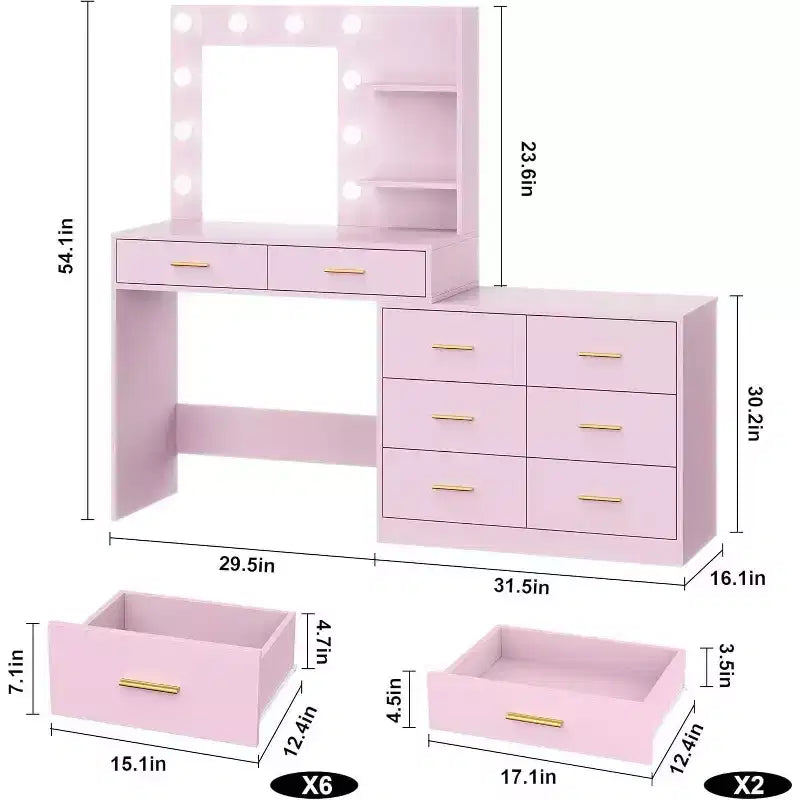 Coiffeuse avec miroir de 155 cm, 8 grands tiroirs, étagères de rangement à 2 niveaux, miroir réglable à 3 modes, coiffeuse rose pour chambre à coucher