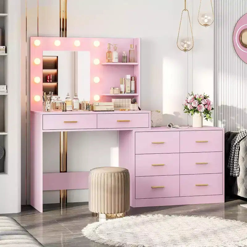 Coiffeuse avec miroir de 155 cm, 8 grands tiroirs, étagères de rangement à 2 niveaux, miroir réglable à 3 modes, coiffeuse rose pour chambre à coucher
