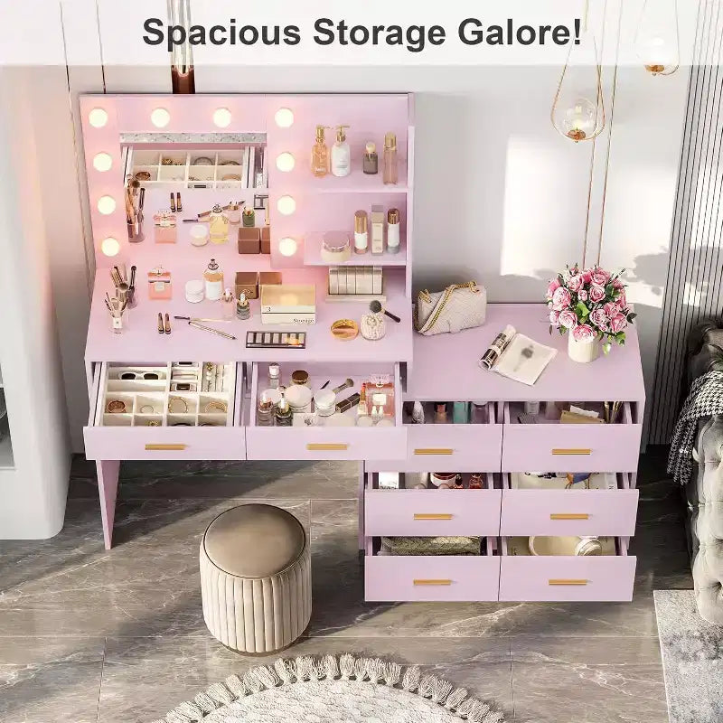 Coiffeuse avec miroir de 155 cm, 8 grands tiroirs, étagères de rangement à 2 niveaux, miroir réglable à 3 modes, coiffeuse rose pour chambre à coucher