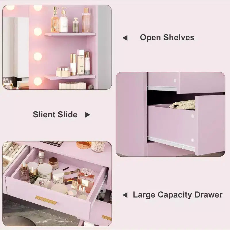 Coiffeuse avec miroir de 155 cm, 8 grands tiroirs, étagères de rangement à 2 niveaux, miroir réglable à 3 modes, coiffeuse rose pour chambre à coucher