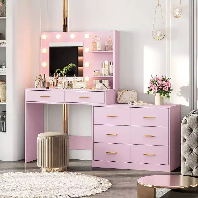 Coiffeuse avec miroir de 155 cm, 8 grands tiroirs, étagères de rangement à 2 niveaux, miroir réglable à 3 modes, coiffeuse rose pour chambre à coucher