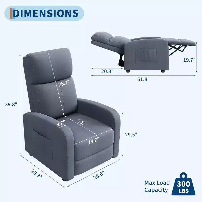 Fauteuil inclinable adulte confortable - Manuel, réglable, avec haut dossier, accoudoirs larges et poche latérale pour salon et cinéma maison