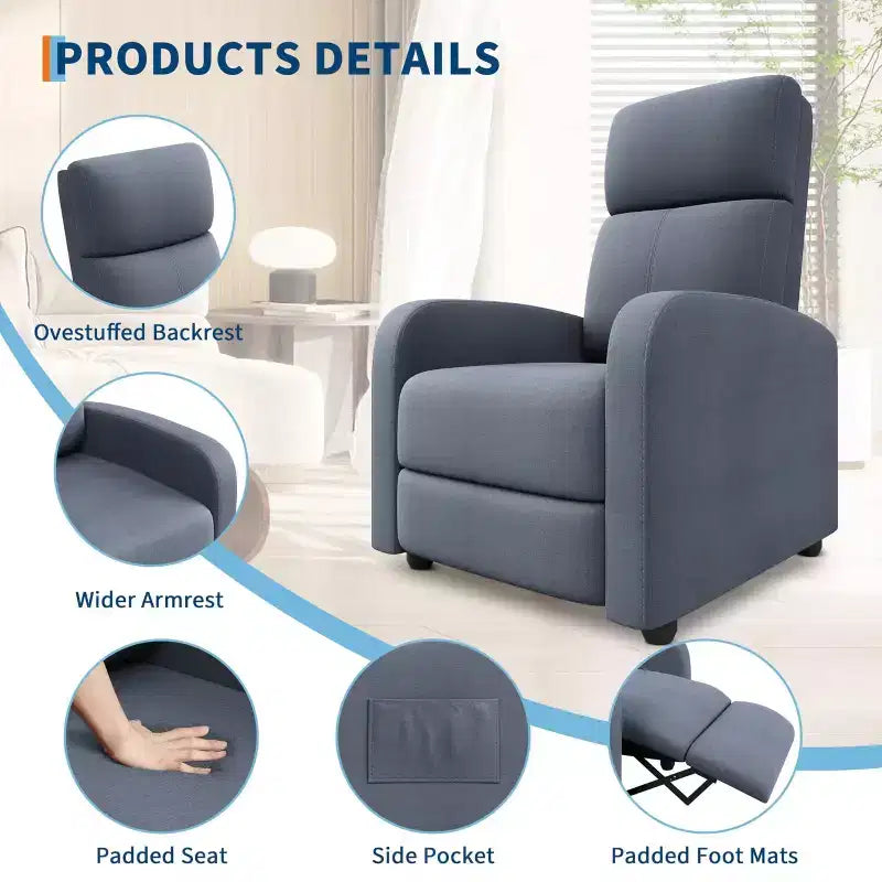 Fauteuil inclinable adulte confortable - Manuel, réglable, avec haut dossier, accoudoirs larges et poche latérale pour salon et cinéma maison